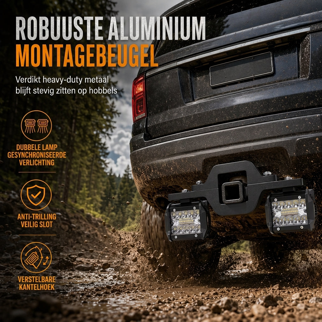 Trekhaakmontagebeugel voor dubbele LED-werklampen en achteruitrijlampen voor op pick-up trucks en SUV's