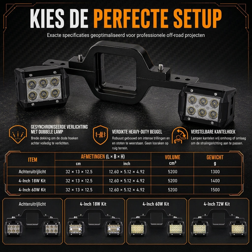 Trekhaakmontagebeugel voor dubbele LED-werklampen en achteruitrijlampen voor op pick-up trucks en SUV's