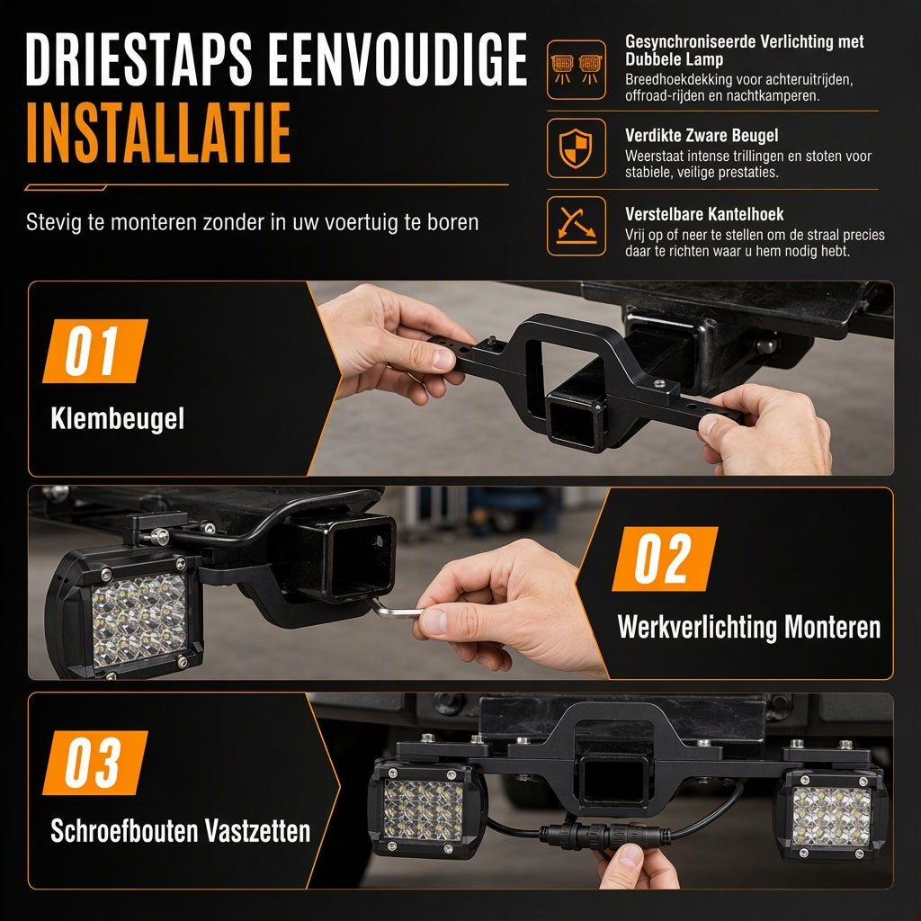 Trekhaakmontagebeugel voor dubbele LED-werklampen en achteruitrijlampen voor op pick-up trucks en SUV's