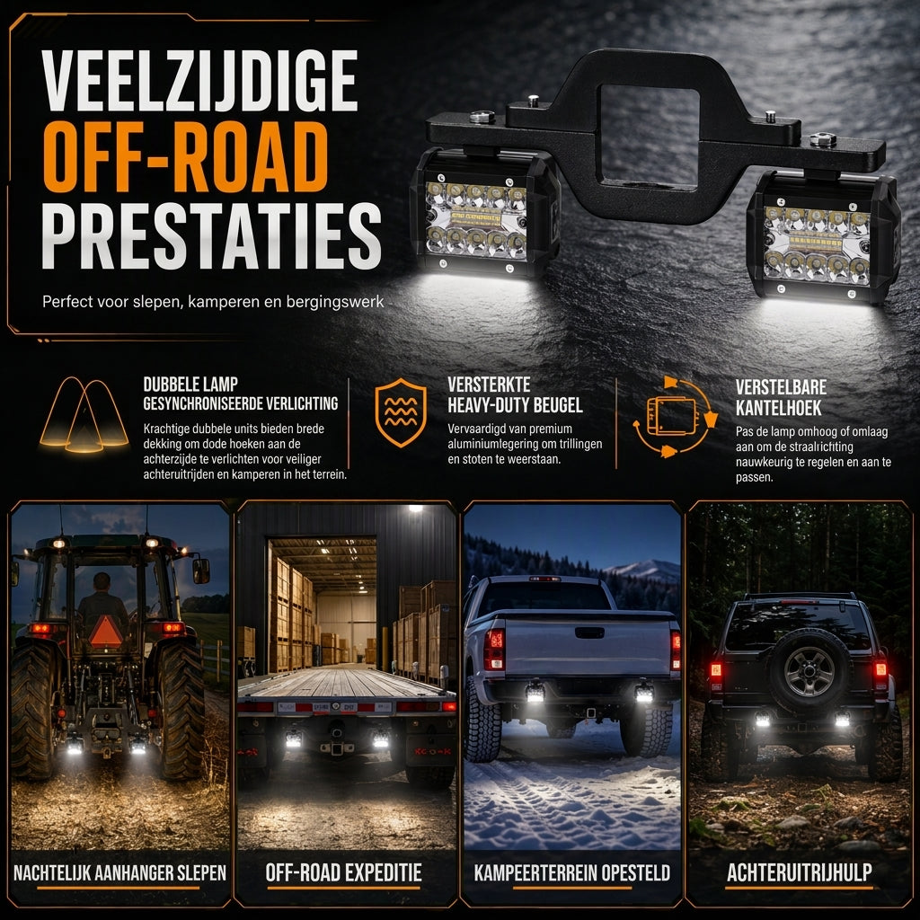 Trekhaakmontagebeugel voor dubbele LED-werklampen en achteruitrijlampen voor op pick-up trucks en SUV's