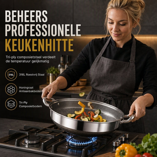 ⏳ Tijdelijke aanbieding ⏰ Verdikte roestvrijstalen antiaanbakwokpan met deksel, kookwok met platte bodem en dubbele handgrepen