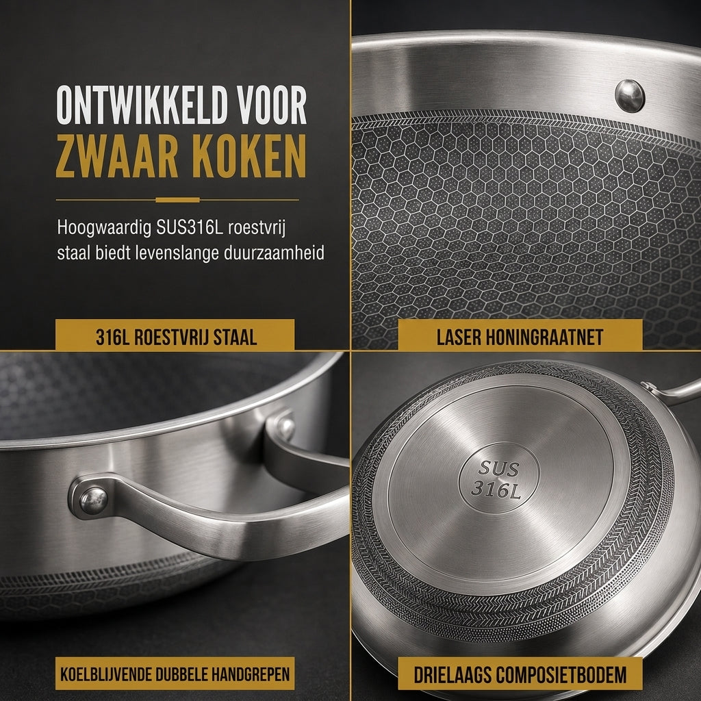 ⏳ Tijdelijke aanbieding ⏰ Verdikte roestvrijstalen antiaanbakwokpan met deksel, kookwok met platte bodem en dubbele handgrepen