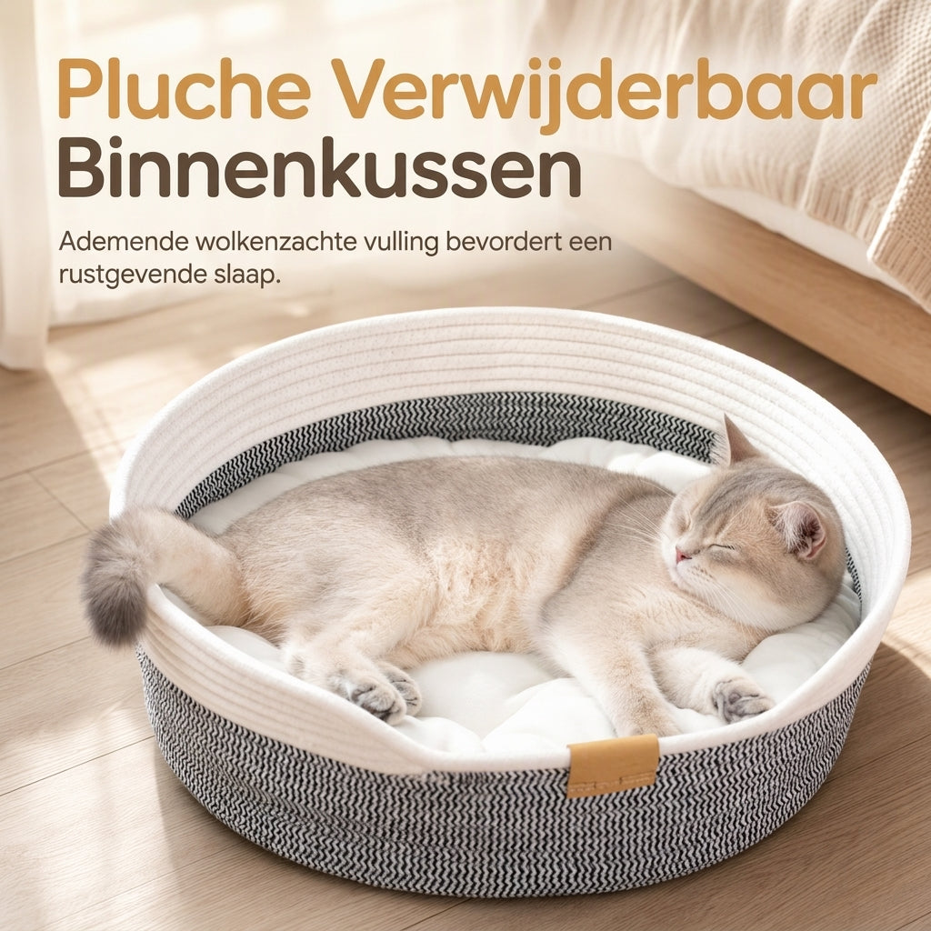 🐱 50% KORTING! ✨ Geïntegreerd Kattenbed en Krabplank – Knusse Gewoven Katoenen Wanden met Vormbehoud, Pluizig Afneembaar Kussen & Duurzaam Krasbestendig Ontwerp – Handgewoven Stiksel met Leren Accenten voor Indoor Katten 🛏️