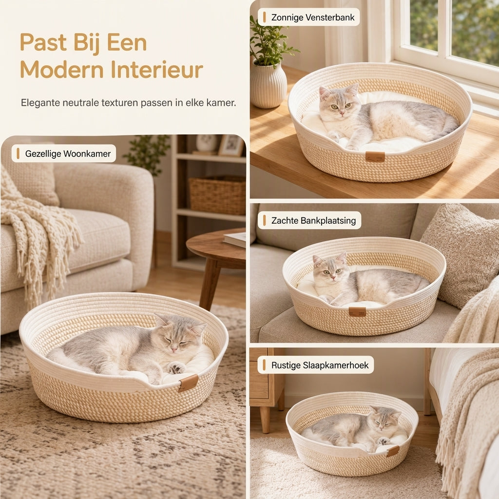 🐱 50% KORTING! ✨ Geïntegreerd Kattenbed en Krabplank – Knusse Gewoven Katoenen Wanden met Vormbehoud, Pluizig Afneembaar Kussen & Duurzaam Krasbestendig Ontwerp – Handgewoven Stiksel met Leren Accenten voor Indoor Katten 🛏️