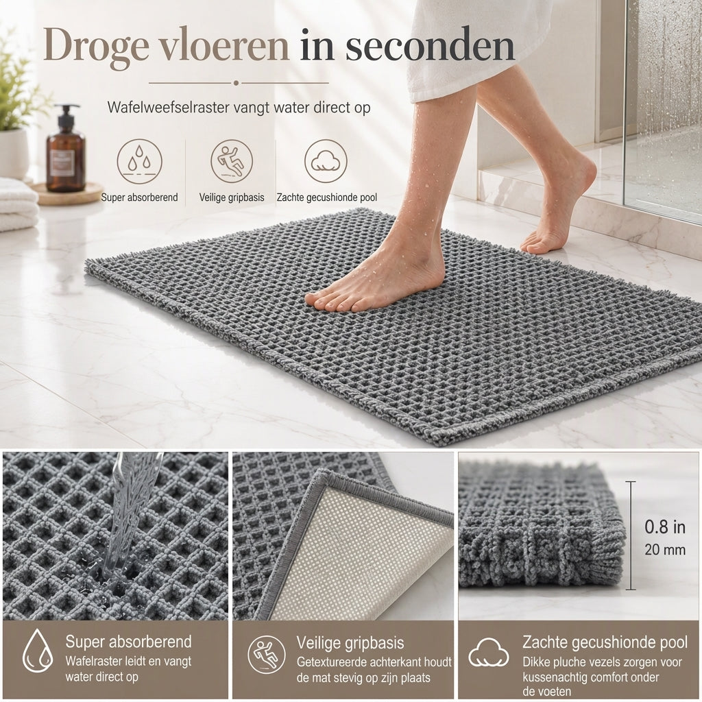 Antislip, waterabsorberende badmat met wafelstructuur, effen deurmat voor in de hal