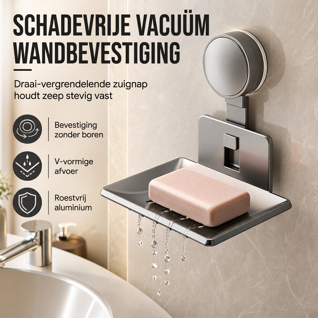 🧼 Zeephouder met vacuümzuiging: V-vormige afwatering, roestvrij aluminium, geen boren, draaislot