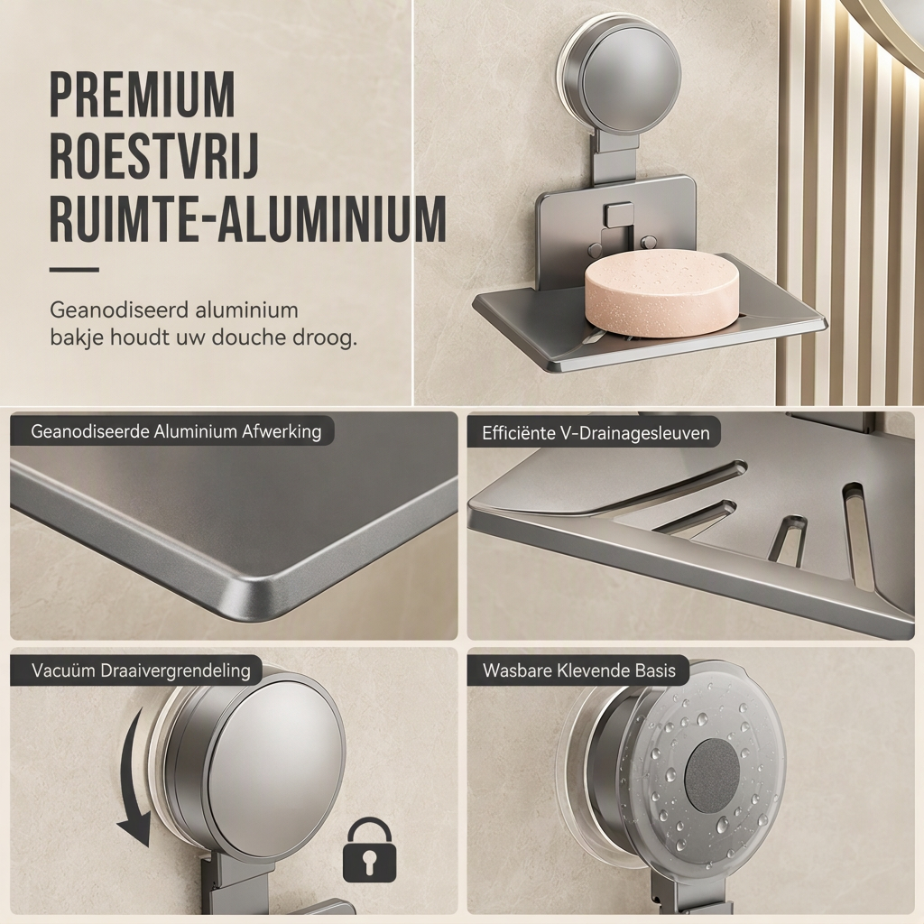 🧼 Zeephouder met vacuümzuiging: V-vormige afwatering, roestvrij aluminium, geen boren, draaislot