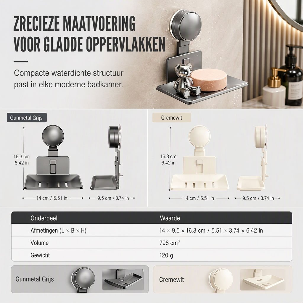 🧼 Zeephouder met vacuümzuiging: V-vormige afwatering, roestvrij aluminium, geen boren, draaislot