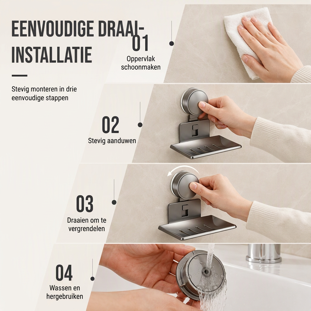 🧼 Zeephouder met vacuümzuiging: V-vormige afwatering, roestvrij aluminium, geen boren, draaislot