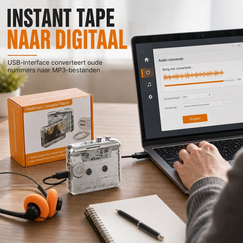 🎵 Transparante Cassettespeler – Tape naar MP3 Converter, Type-C & Hi-Fi Stereo