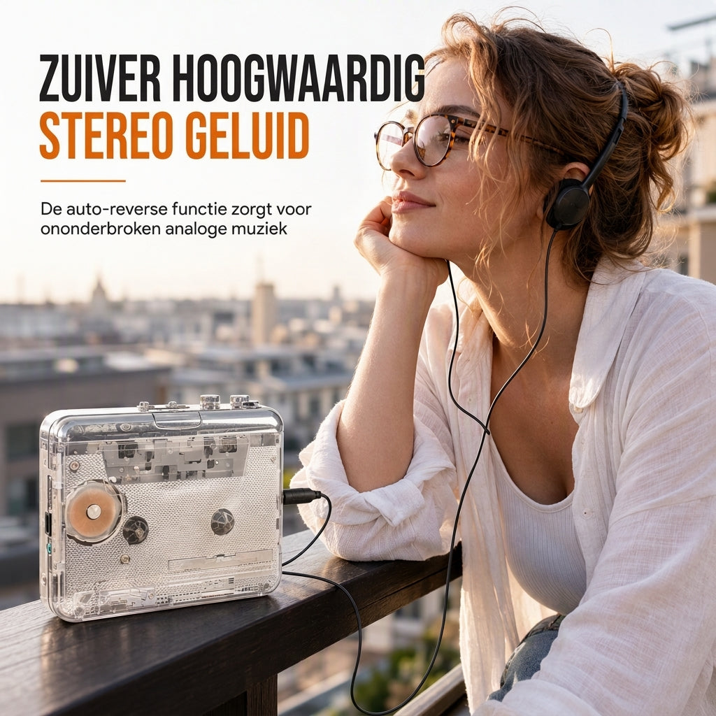 🎵 Transparante Cassettespeler – Tape naar MP3 Converter, Type-C & Hi-Fi Stereo