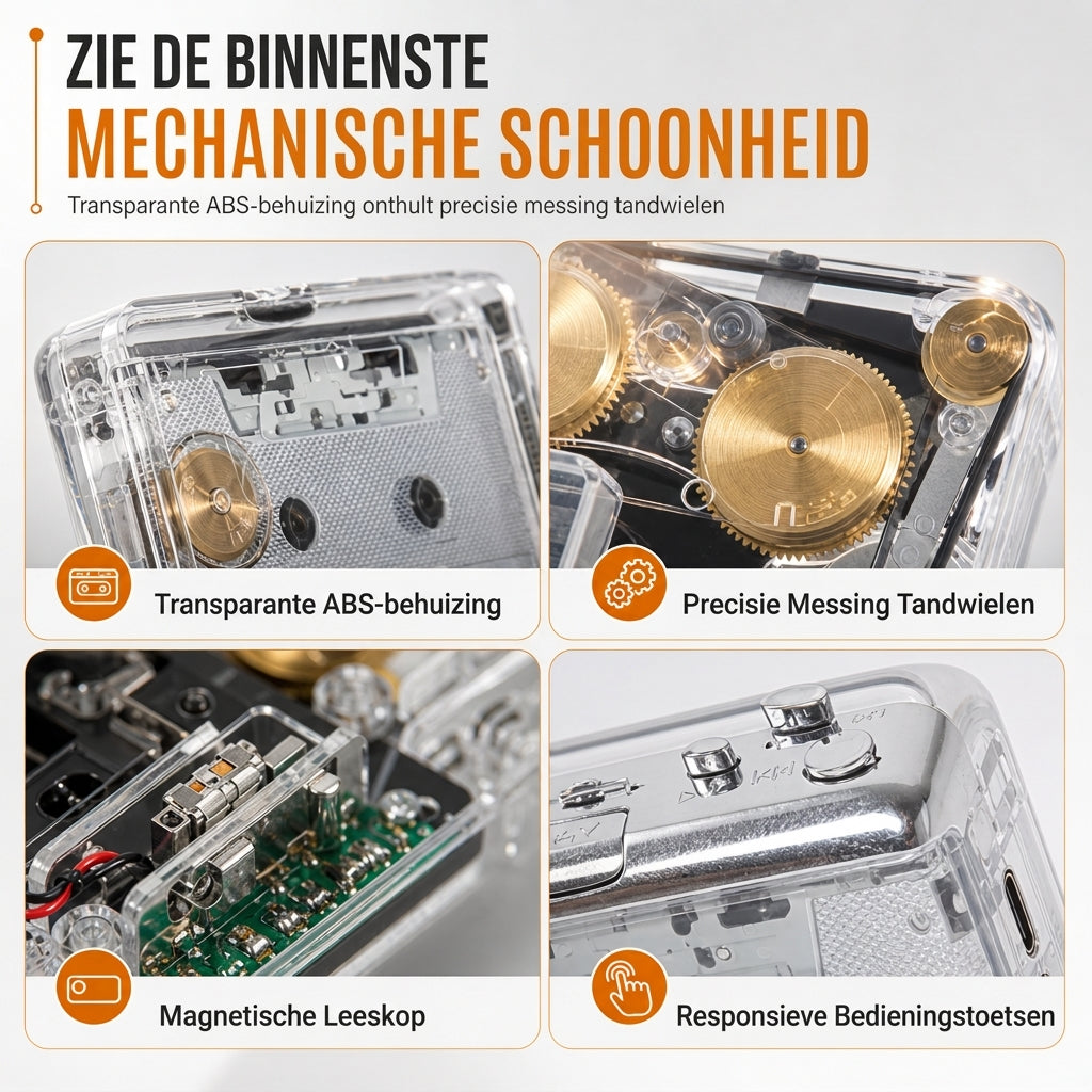 🎵 Transparante Cassettespeler – Tape naar MP3 Converter, Type-C & Hi-Fi Stereo