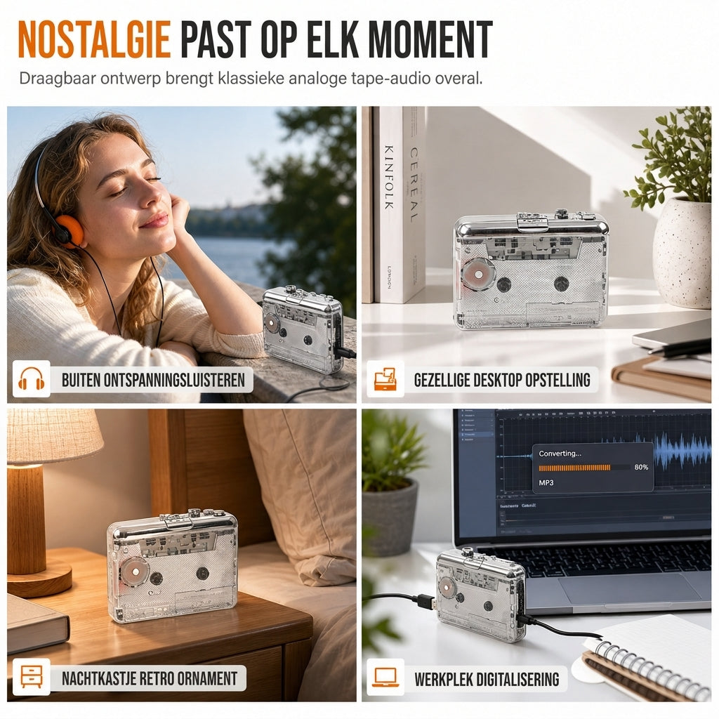 🎵 Transparante Cassettespeler – Tape naar MP3 Converter, Type-C & Hi-Fi Stereo