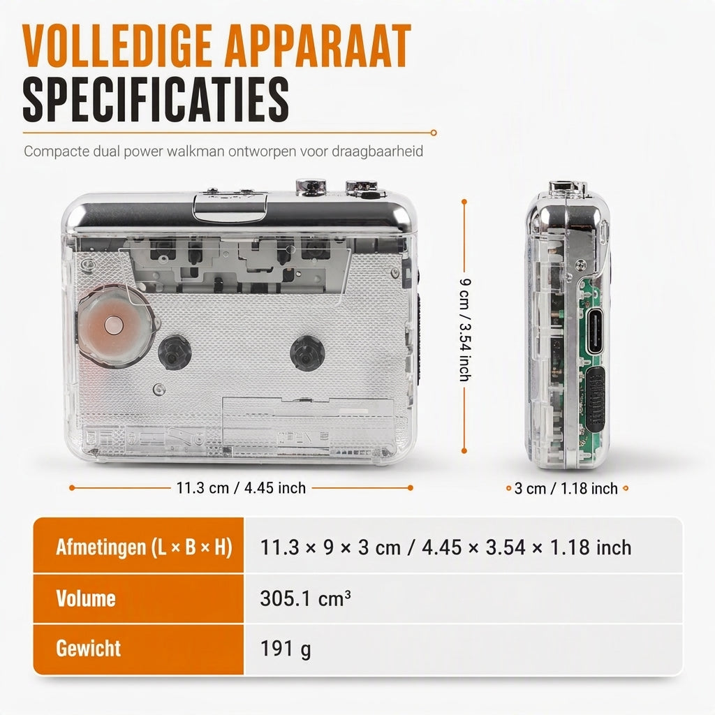 🎵 Transparante Cassettespeler – Tape naar MP3 Converter, Type-C & Hi-Fi Stereo