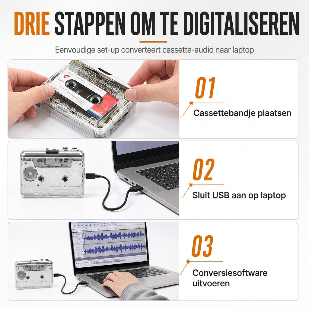 🎵 Transparante Cassettespeler – Tape naar MP3 Converter, Type-C & Hi-Fi Stereo
