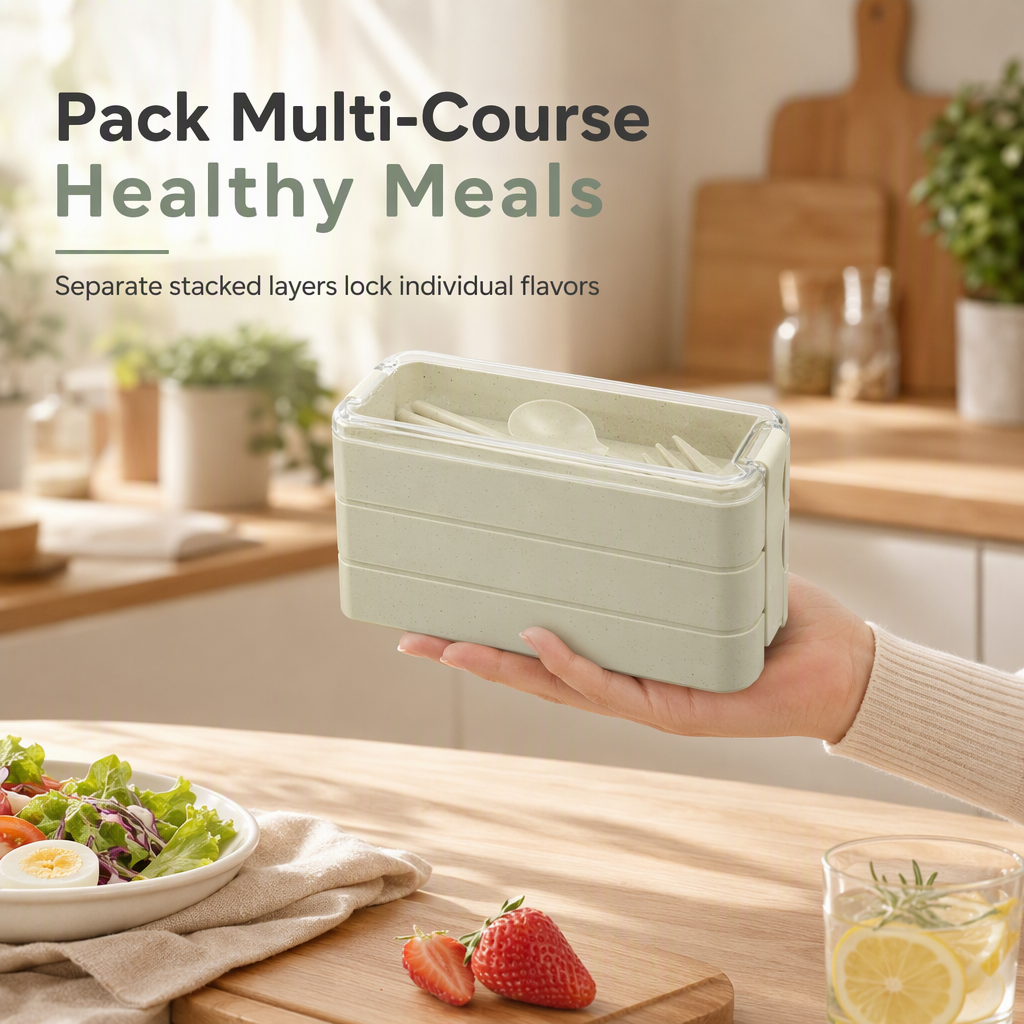 3-laagse bento-lunchbox met bestekset
