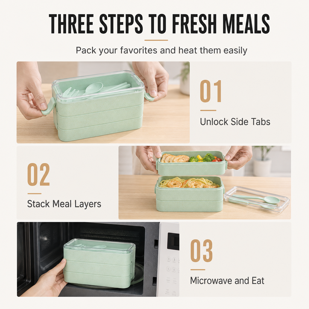 3-laagse bento-lunchbox met bestekset