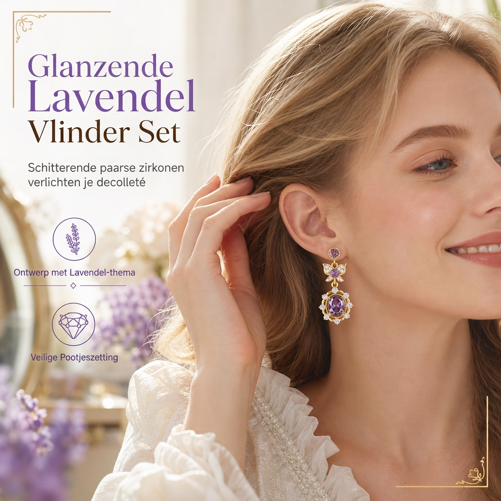 ⏳🔥 50% KORTING! 💜 Lavendelpaarse Zirkoon Vlinder Sieradenset – Verstelbare Ring & Oorbellen ✨