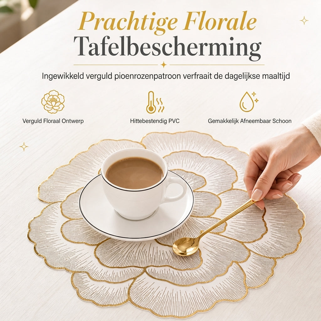 🍽️ TIJDELIJK 50% KORTING! 🌹 Noordse Stijl Metalen Pioenroos PVC Placemat – Hittebestendig, Antislip & Waterdicht ✨
