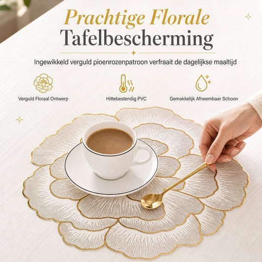 🍽️ TIJDELIJK 50% KORTING! 🌹 Noordse Stijl Metalen Pioenroos PVC Placemat – Hittebestendig, Antislip & Waterdicht ✨