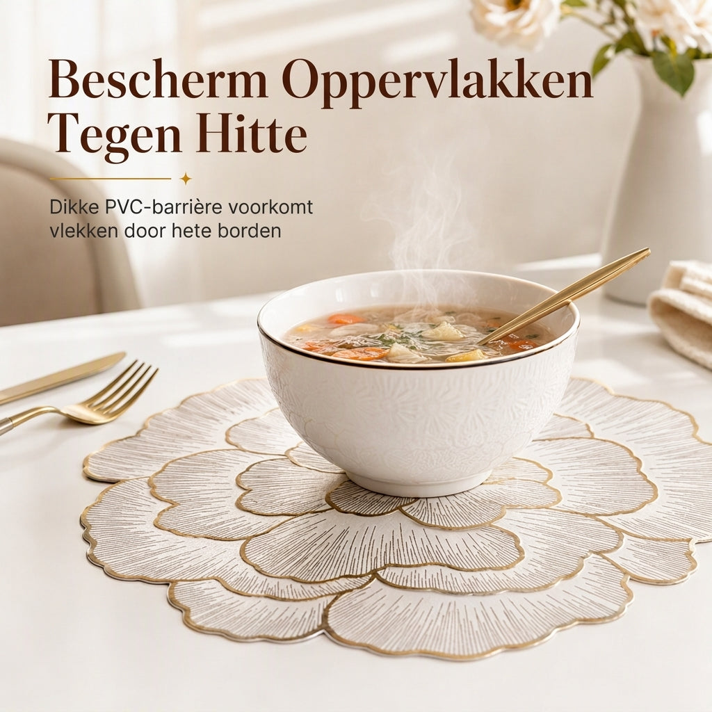 🍽️ TIJDELIJK 50% KORTING! 🌹 Noordse Stijl Metalen Pioenroos PVC Placemat – Hittebestendig, Antislip & Waterdicht ✨