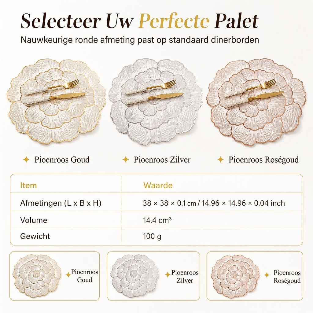 🍽️ TIJDELIJK 50% KORTING! 🌹 Noordse Stijl Metalen Pioenroos PVC Placemat – Hittebestendig, Antislip & Waterdicht ✨
