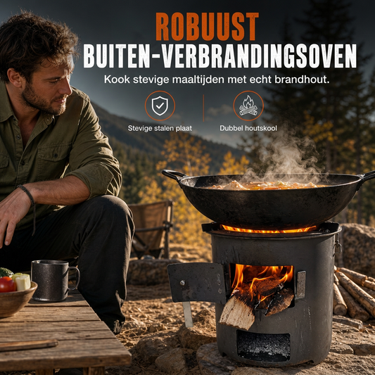 🎁2026 Nieuw gearriveerd 50% KORTING💥Zware kampeer kachel van koolstofstaal – Hout & Houtskool, Hoge Luchttoevoer, 3-in-1 Kookplaat 🍳