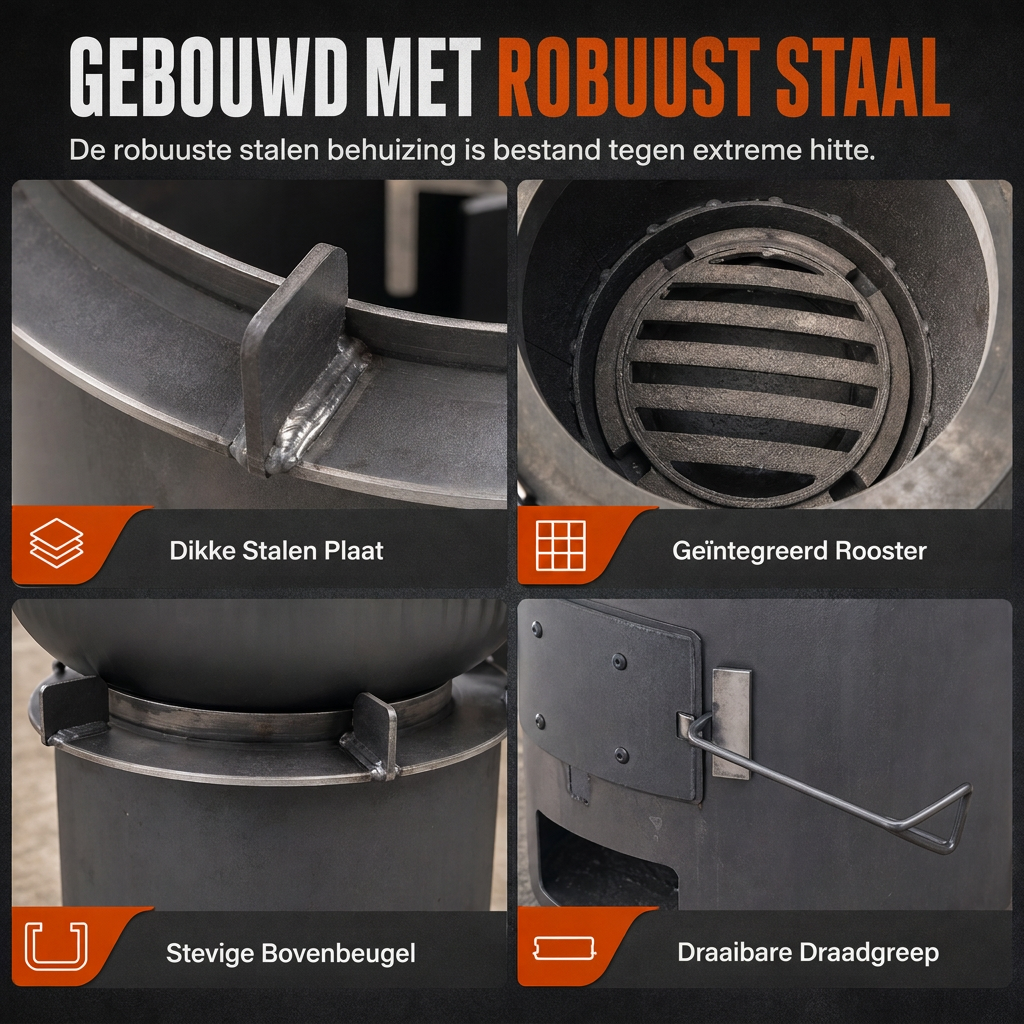 🎁2026 Nieuw gearriveerd 50% KORTING💥Zware kampeer kachel van koolstofstaal – Hout & Houtskool, Hoge Luchttoevoer, 3-in-1 Kookplaat 🍳