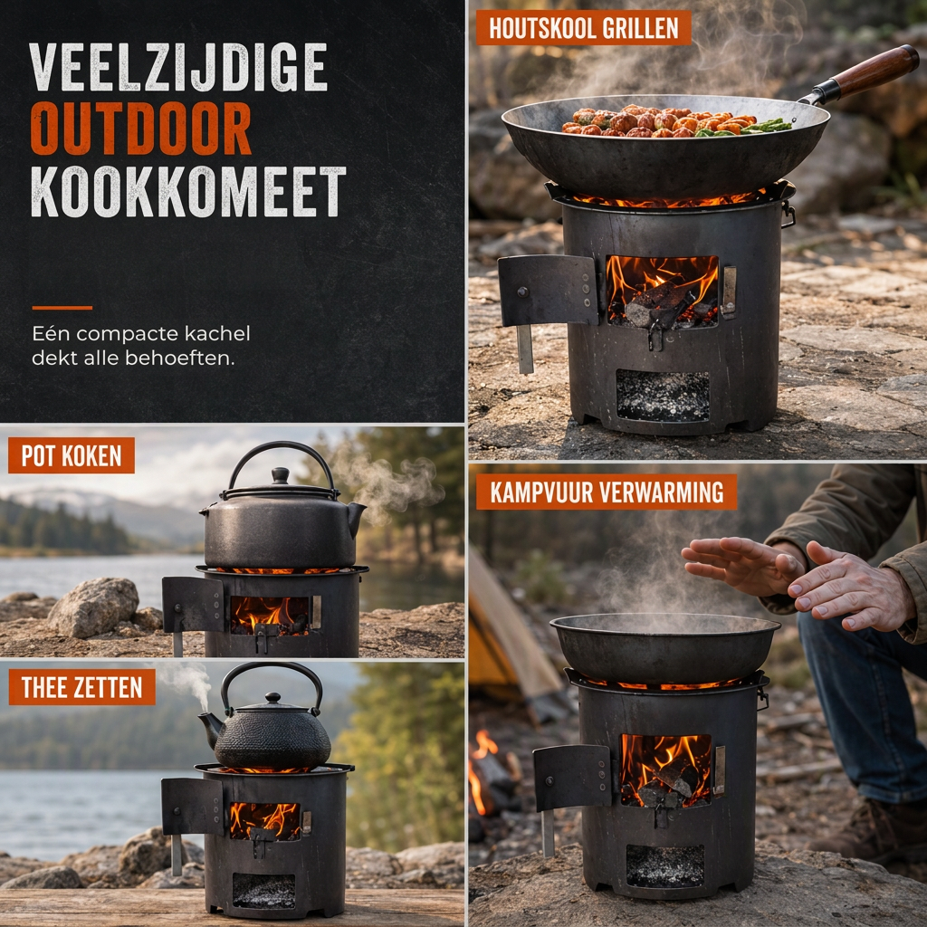 🎁2026 Nieuw gearriveerd 50% KORTING💥Zware kampeer kachel van koolstofstaal – Hout & Houtskool, Hoge Luchttoevoer, 3-in-1 Kookplaat 🍳