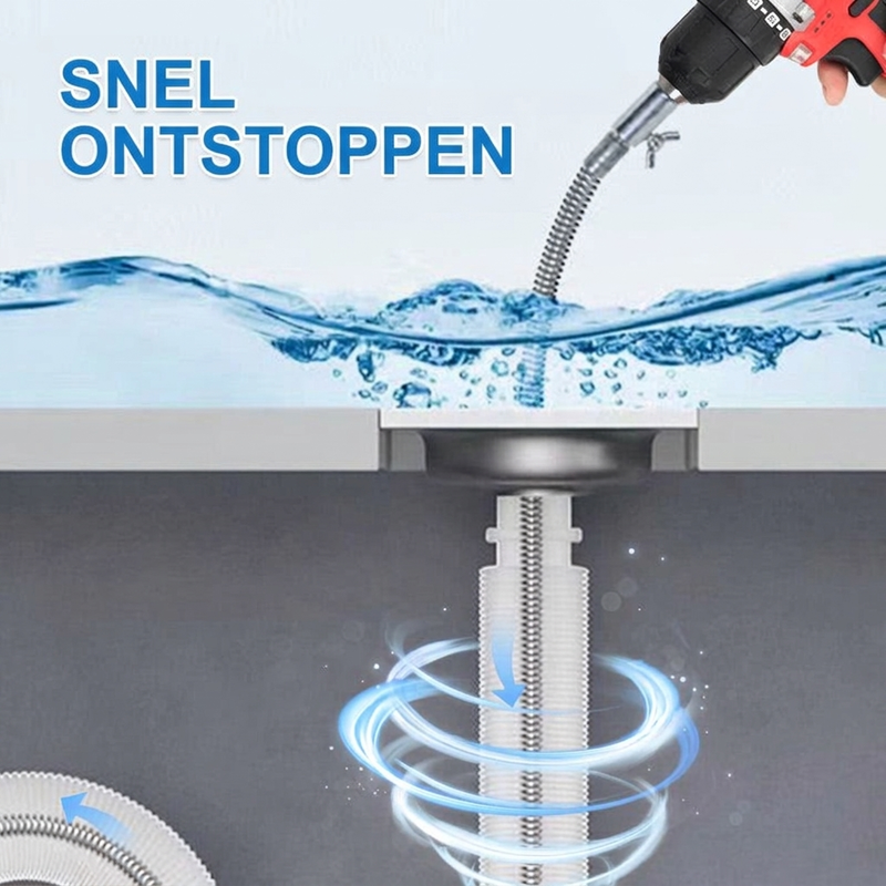 🔩 Booraangedreven Ontstopveer: 1-3m Flexibel Staal, Roestbestendig, Verwijdering van Diepe Verstoppingen