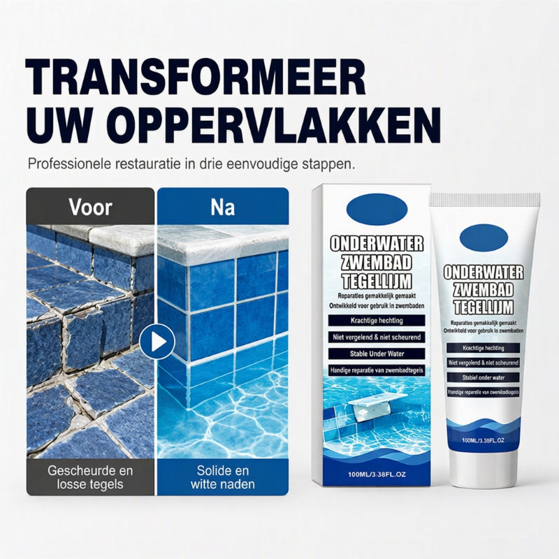 🥳HOT SALE 2026🥳💞MEER DAN 50.000 VERKOCHT! 💧🔧 50% KORTING! Sterke waterbestendige tegellijm voor zwembaden – hecht direct onder water, geen leegloop of professionele hulp nodig. Waterdicht, scheurbestendig en duurzaam. Repareer zwembadtegels snel! 🛡️✅