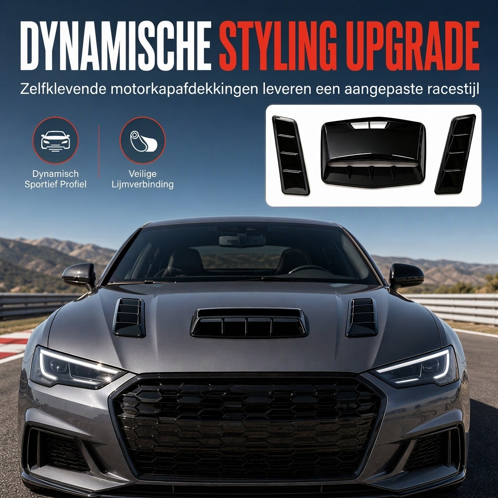 ✨ Nepluchtinventarisseticker voor autokap – Haaienkieuwstijl, sportieve look, geen boren nodig 🏎️