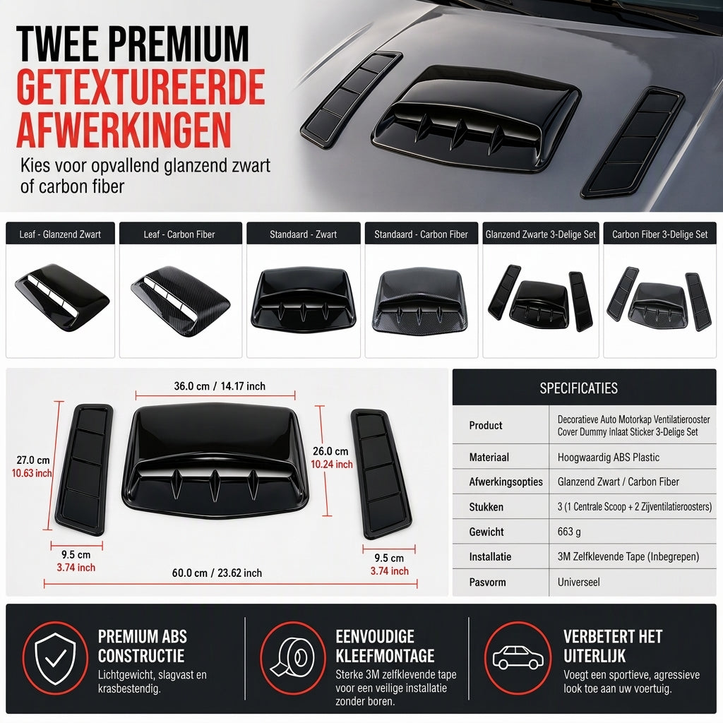 ✨ Nepluchtinventarisseticker voor autokap – Haaienkieuwstijl, sportieve look, geen boren nodig 🏎️