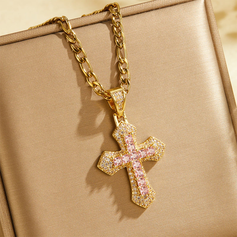 ⏳Beperkte Tijd Speciale Aanbieding⏰Hip Hop Dubbellaags Baguette Kristallen Kruis Messing met Figaro-ketting