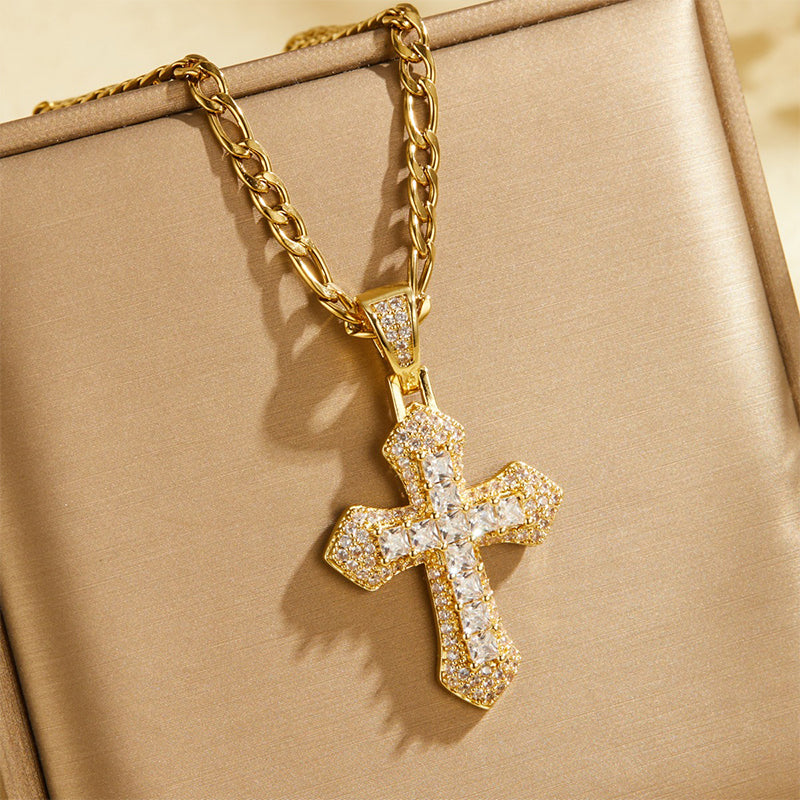 ⏳Beperkte Tijd Speciale Aanbieding⏰Hip Hop Dubbellaags Baguette Kristallen Kruis Messing met Figaro-ketting