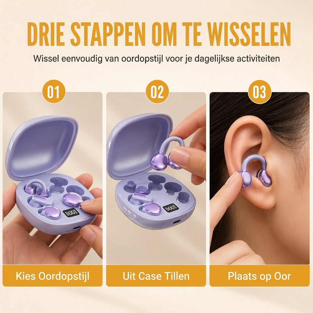 B115 3-in-1 Bluetooth-oordopjes met 6 oordoppen, oordopclip en in-ear slaapkoptelefoon met ruisonderdrukking en lange batterijduur