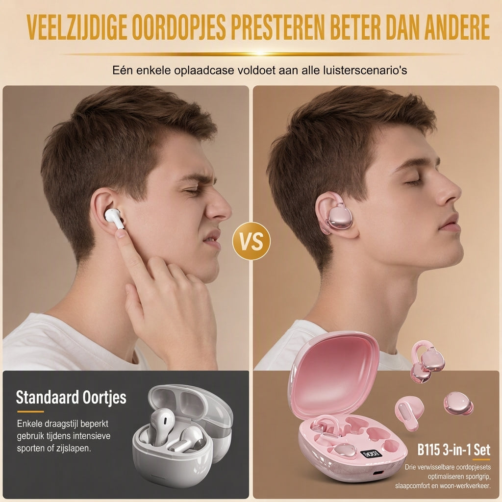 B115 3-in-1 Bluetooth-oordopjes met 6 oordoppen, oordopclip en in-ear slaapkoptelefoon met ruisonderdrukking en lange batterijduur