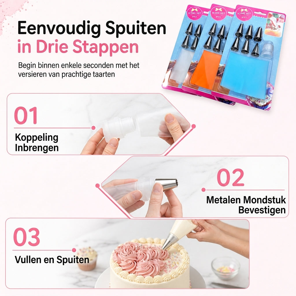 Set met spuitmonden voor taartdecoratie in verschillende vormen