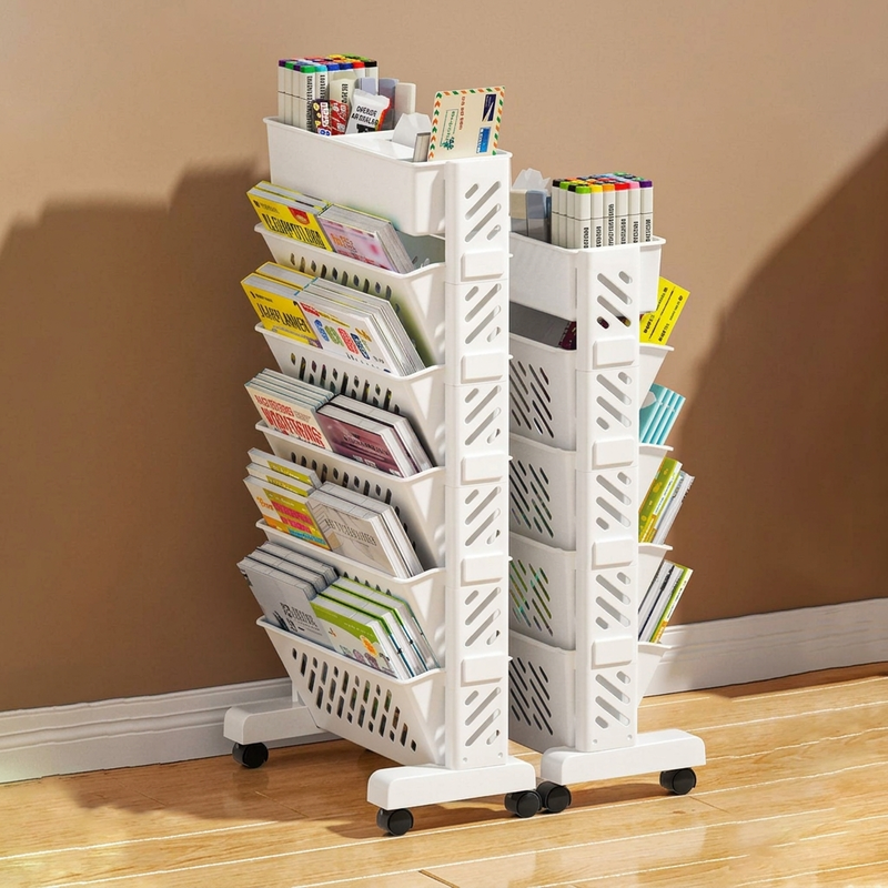 📚 BEPERKTE TIJD: 50% KORTING! 🛞 Verrijdbare Boekenplank op Wieltjes – 5/6 Planken, 45° Schuin, Vergrendelbare Wieltjes 📖