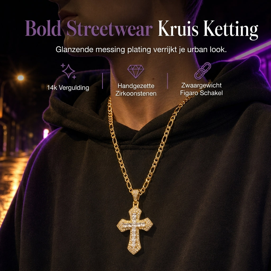 ⏳Beperkte Tijd Speciale Aanbieding⏰Hip Hop Dubbellaags Baguette Kristallen Kruis Messing met Figaro-ketting