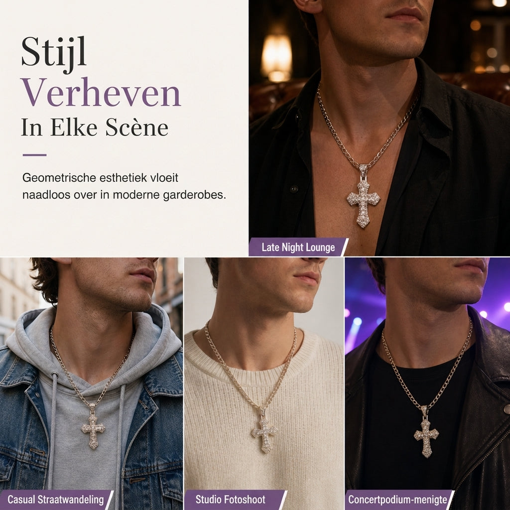 ⏳Beperkte Tijd Speciale Aanbieding⏰Hip Hop Dubbellaags Baguette Kristallen Kruis Messing met Figaro-ketting