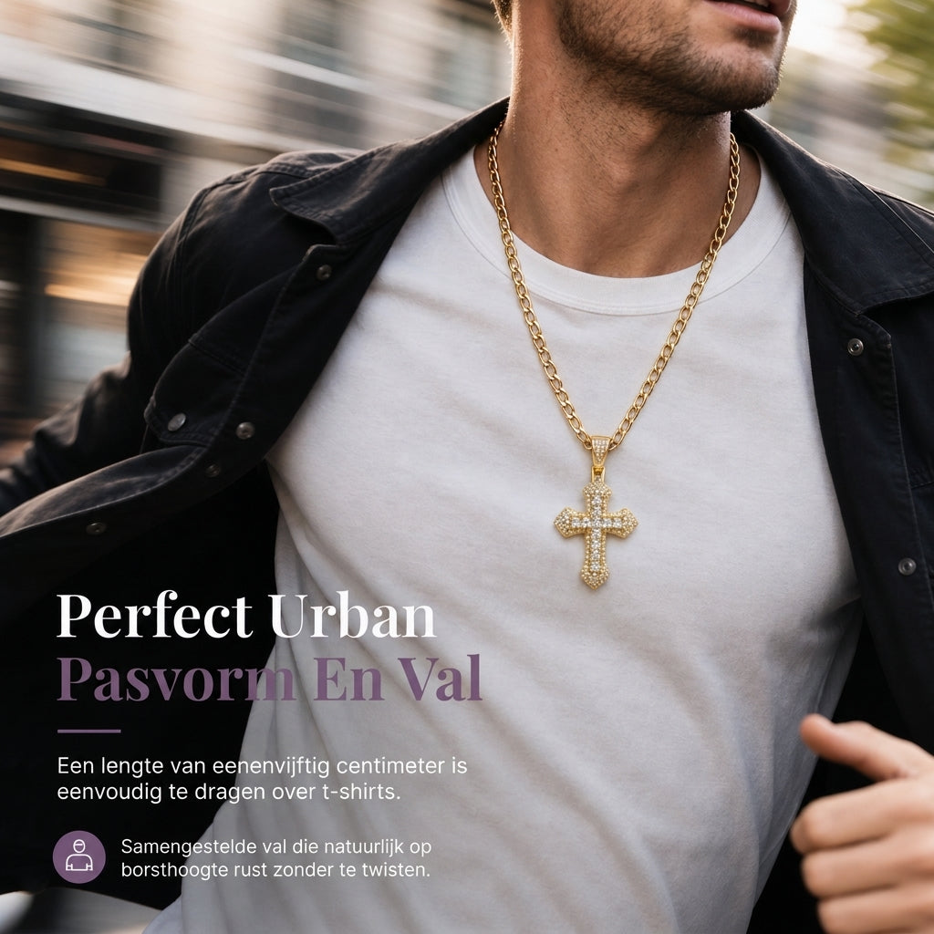 ⏳Beperkte Tijd Speciale Aanbieding⏰Hip Hop Dubbellaags Baguette Kristallen Kruis Messing met Figaro-ketting