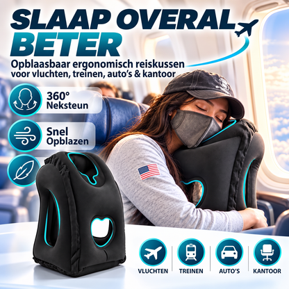 ✈️ TIJDELIJK 50% KORTING! ✨ Opblaasbaar ergonomisch uitgehold reis kussen – PVC-flock, snel op te blazen, met opbergtas
