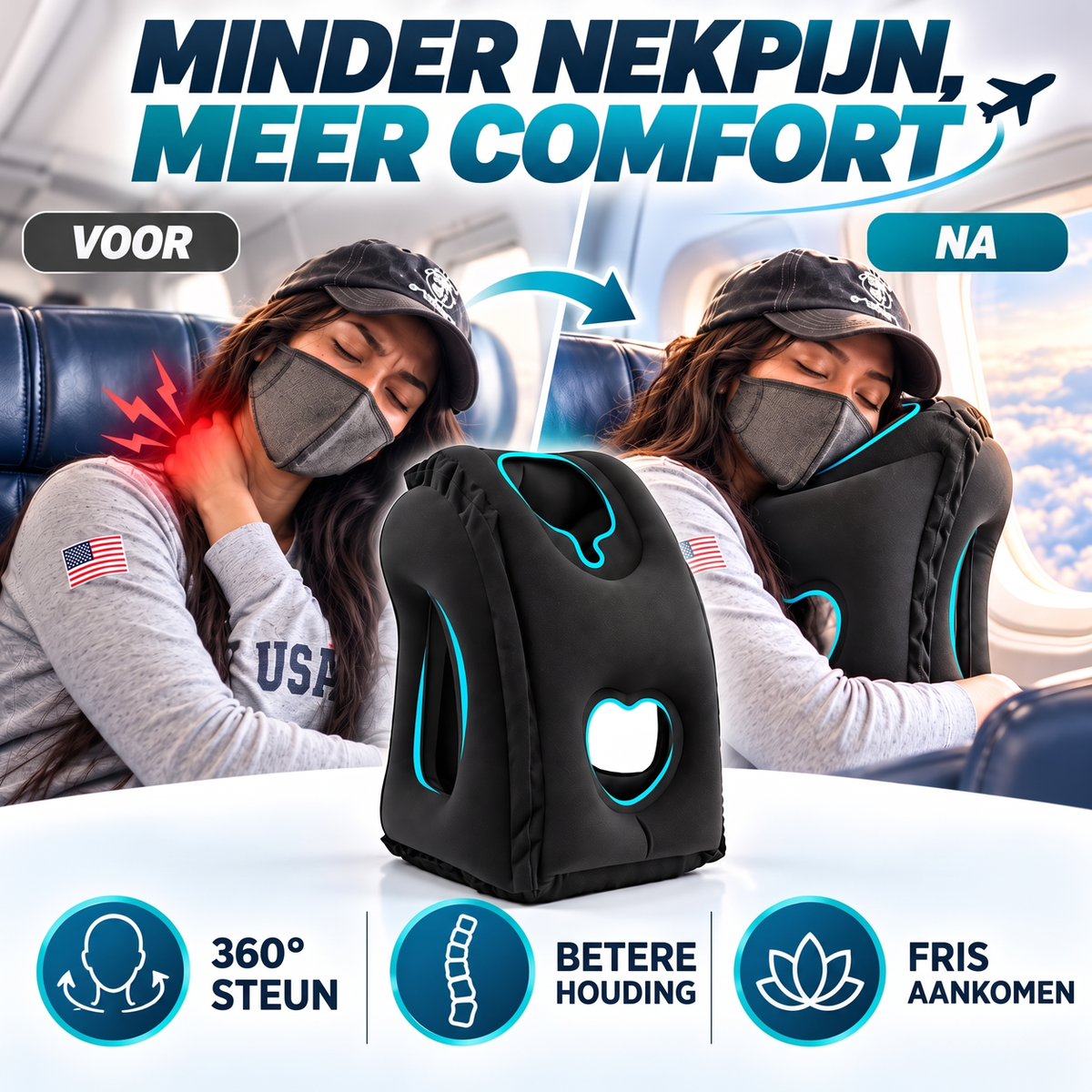 ✈️ TIJDELIJK 50% KORTING! ✨ Opblaasbaar ergonomisch uitgehold reis kussen – PVC-flock, snel op te blazen, met opbergtas
