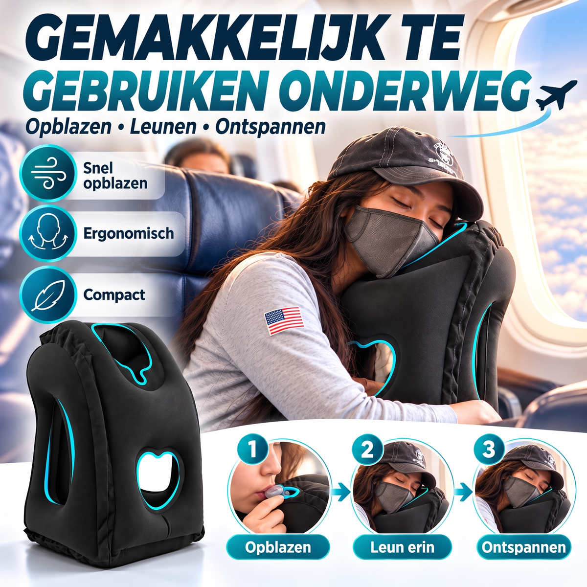 ✈️ TIJDELIJK 50% KORTING! ✨ Opblaasbaar ergonomisch uitgehold reis kussen – PVC-flock, snel op te blazen, met opbergtas
