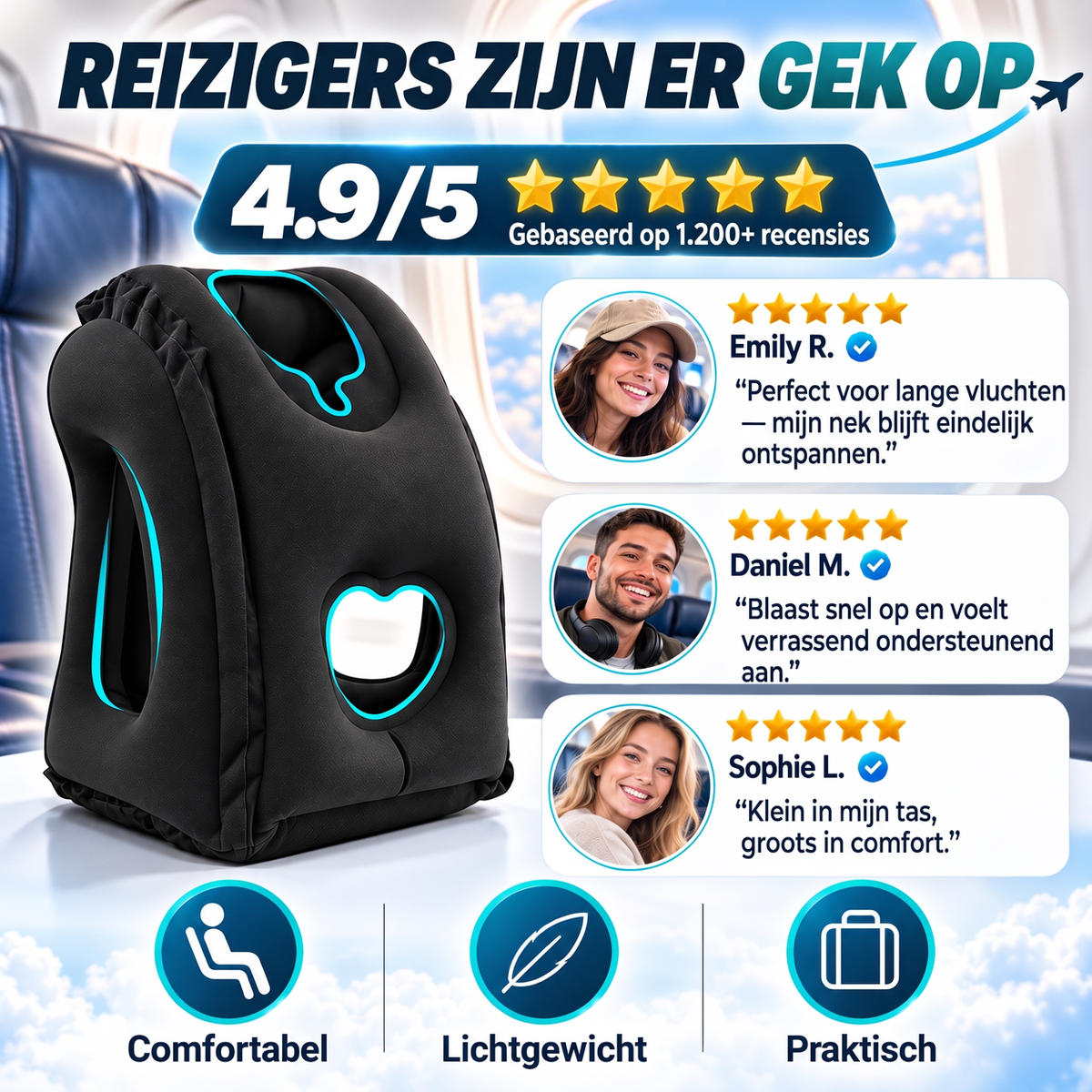 ✈️ TIJDELIJK 50% KORTING! ✨ Opblaasbaar ergonomisch uitgehold reis kussen – PVC-flock, snel op te blazen, met opbergtas