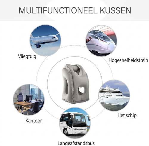 ✈️ TIJDELIJK 50% KORTING! ✨ Opblaasbaar ergonomisch uitgehold reis kussen – PVC-flock, snel op te blazen, met opbergtas