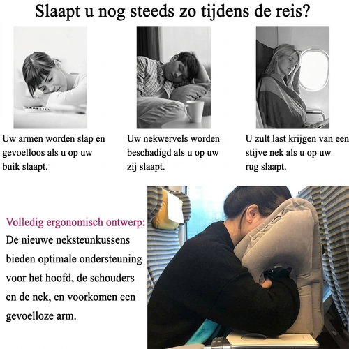 ✈️ TIJDELIJK 50% KORTING! ✨ Opblaasbaar ergonomisch uitgehold reis kussen – PVC-flock, snel op te blazen, met opbergtas