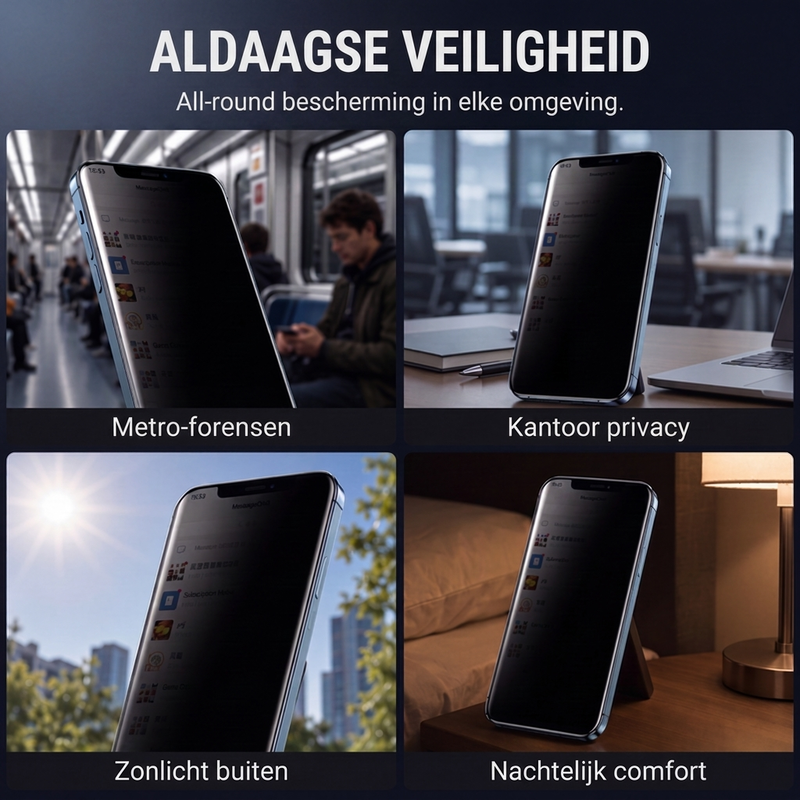 🛡️ NU 50% KORTING! Privacy Screen Protector voor iPhone, 9H Gehard Glas, 30° Anti-Spionage, 9D Volledige Dekking, Automatische Stofverwijdering, Bubbelvrije Installatie