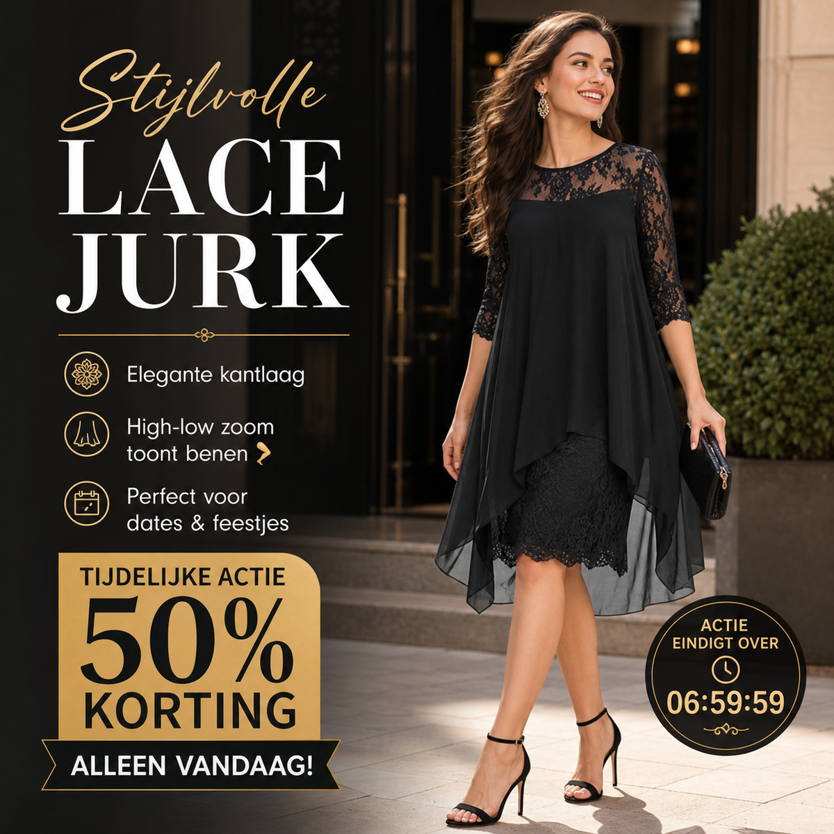 💃 FLASH SALE! 🌸 Stijlvolle Lace Jurk Met High-Low Design – Perfect Voor Feestjes, Dates & Speciale Momenten